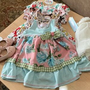 Boden Pink Floral Dress with Aqua Bodice and Green Gingham Bow